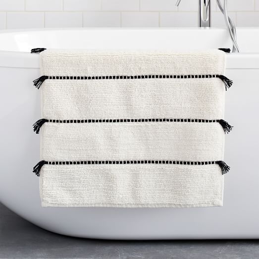 Organic Tassel Stripe Bath Mat -  White