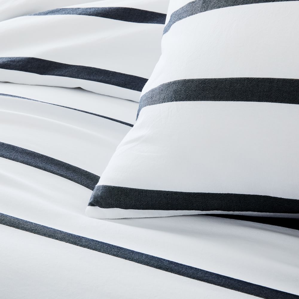 Organic Washed Cotton Percale Bold Stripe Duvet Cover & Pillowcases - Black/Stone White