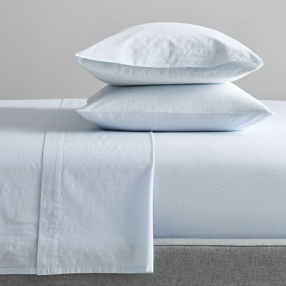 Organic Washed Cotton Percale Stripe Sheets - Kyoto Blue