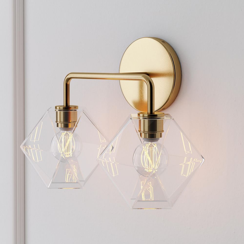Sculptural 2-Light Faceted Sconce - Clear - Antique Brass