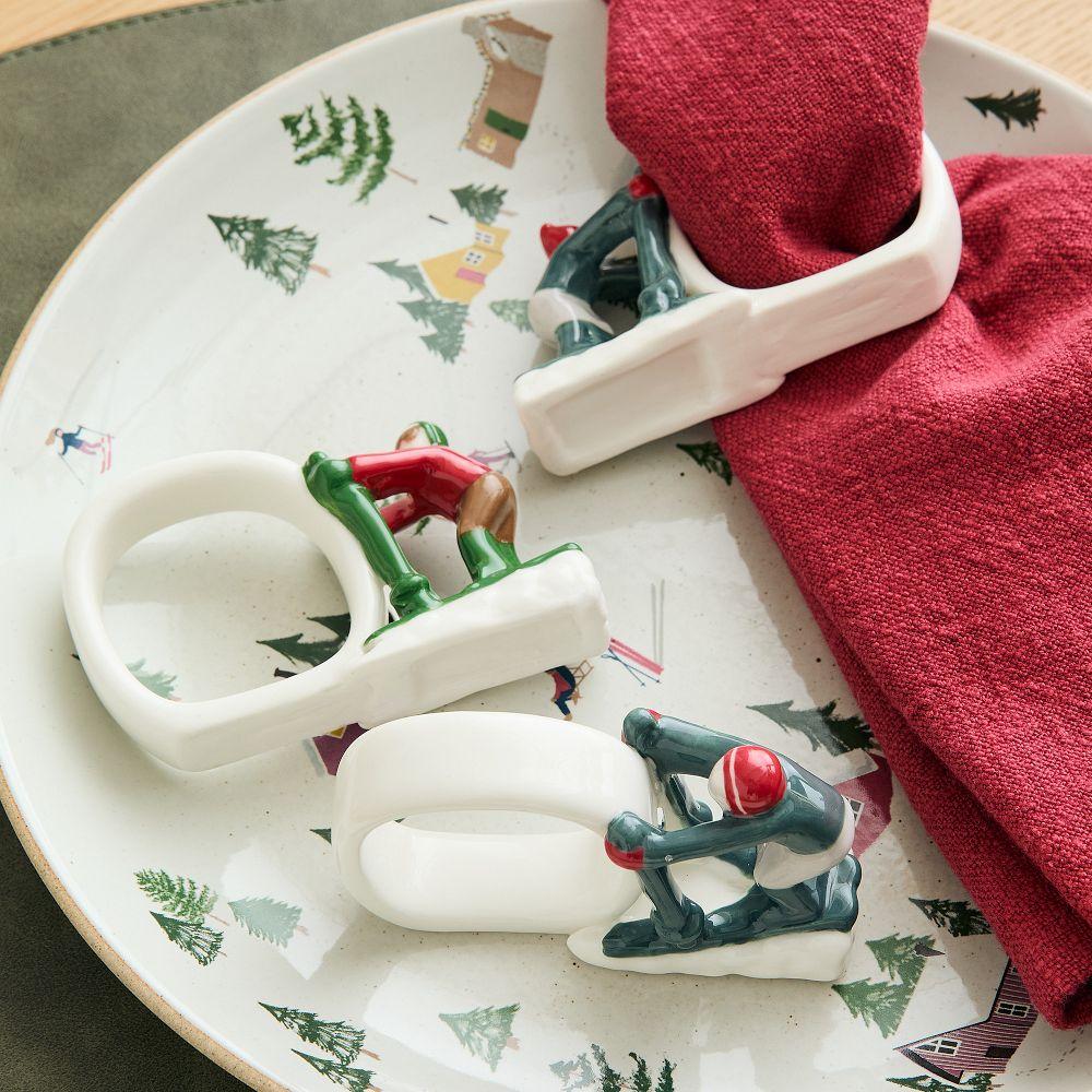 Skier Ceramic Figural Napkin Ring Sets