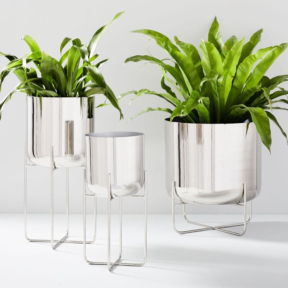 Spun Metal Standing Planters - Chrome