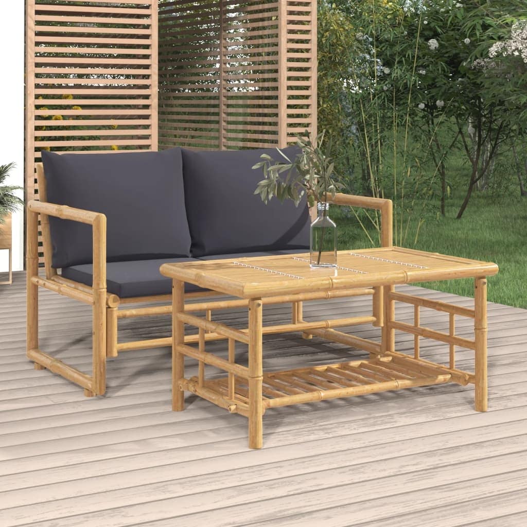 Vidaxl 2 Piece Patio Lounge Set With Dark Gray Cushions Bamboo 45.3 X 25.6 X 28