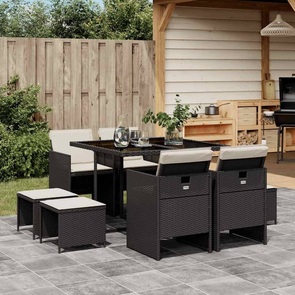 Vidaxl 9 Piece Garden Dining Set With Cushions Black Poly Rattan 110 X 106 X 73 Cm