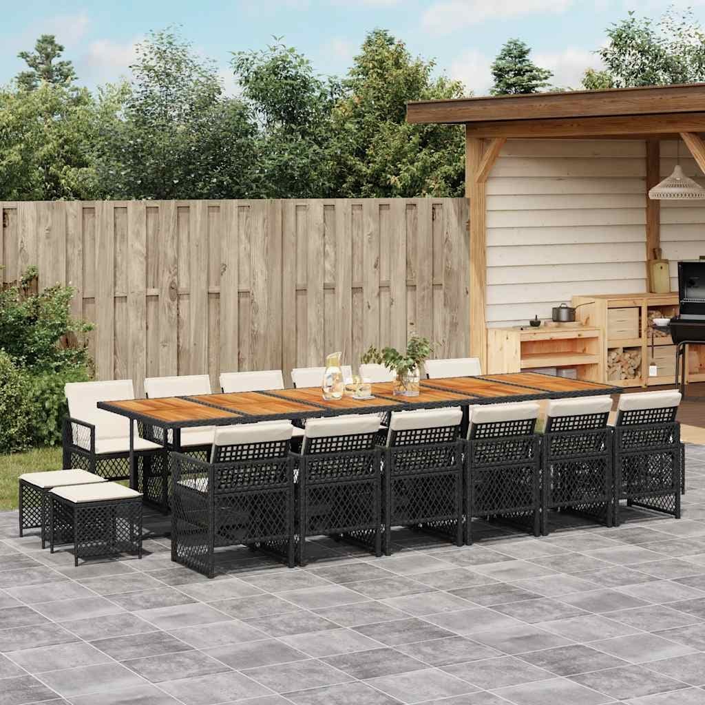 Vidaxl Garden Dining Set Black Pe Rattan Steel Acacia Wood Large 41.7 X 129.9 X 28.7 In.