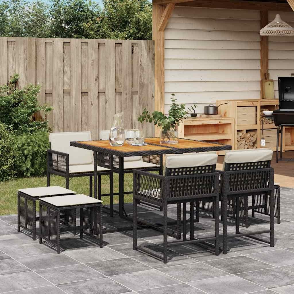 Vidaxl Garden Dining Set Black Pe Rattan 9 Piece Collapsible 41.7 X 43.3 X 28.7 In