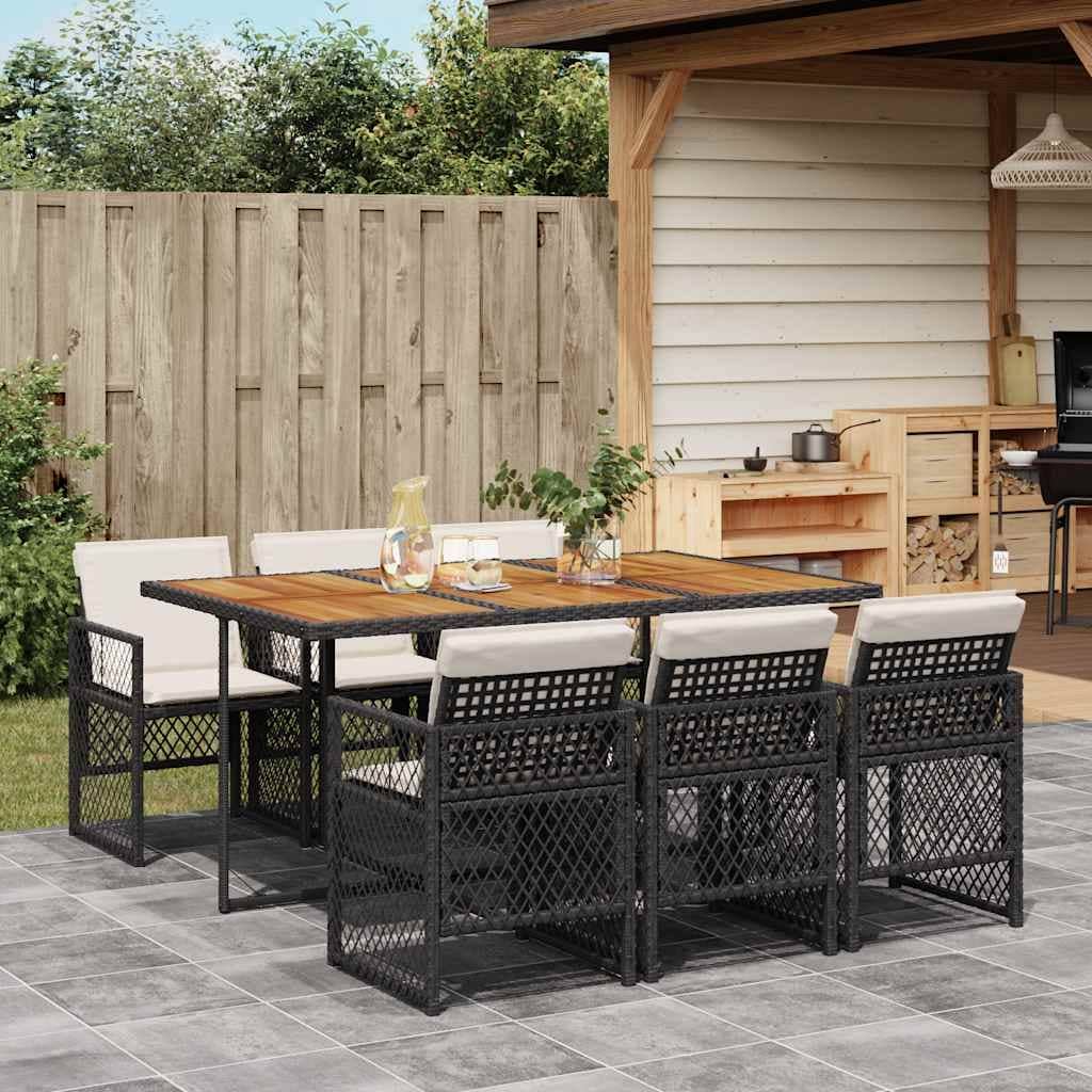 Vidaxl Garden Dining Set Black Cream White Pe Rattan Steel Acacia Wood 41.7 X 65.0 X 28.7 In