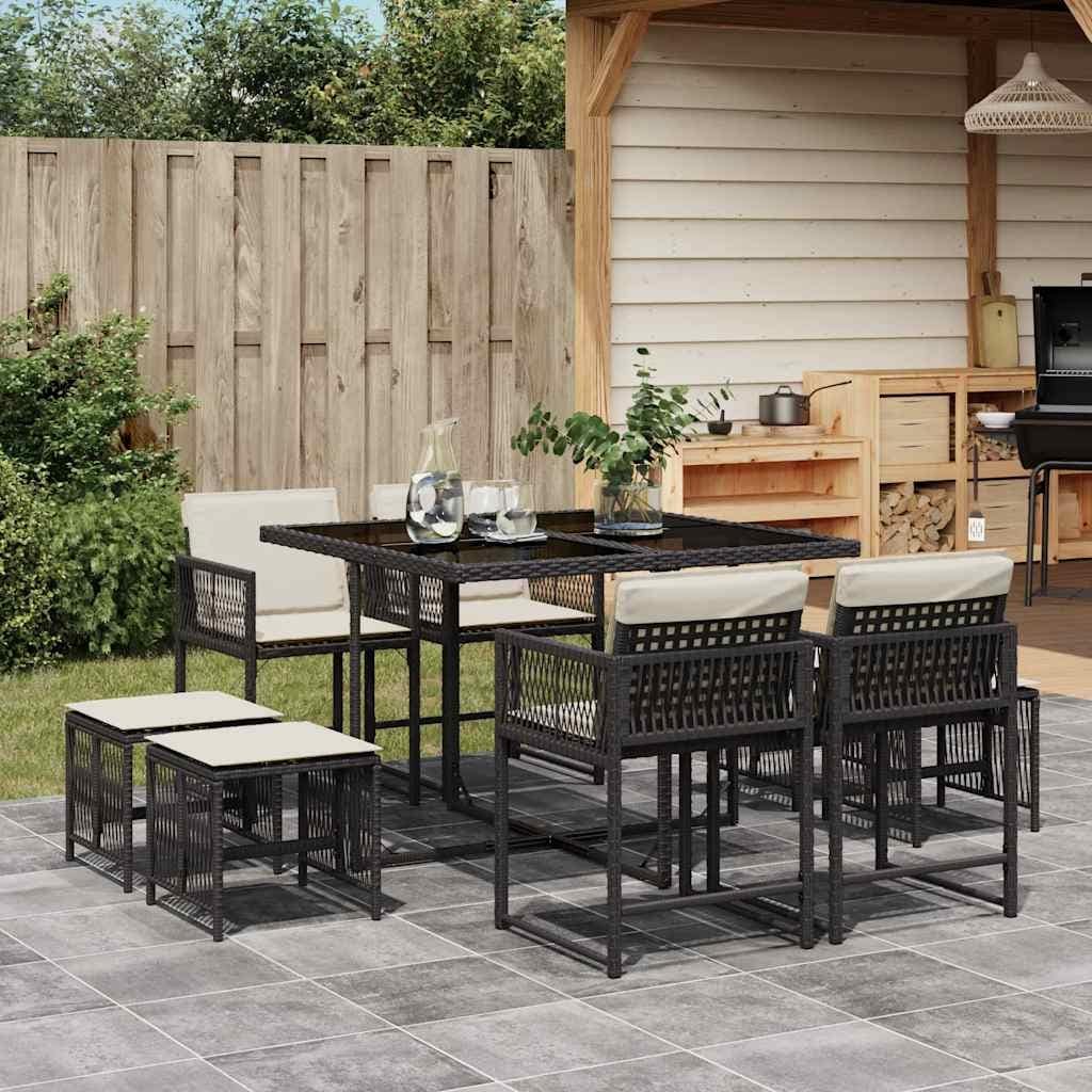 Vidaxl Garden Dining Set With Cushions Black Poly Rattan