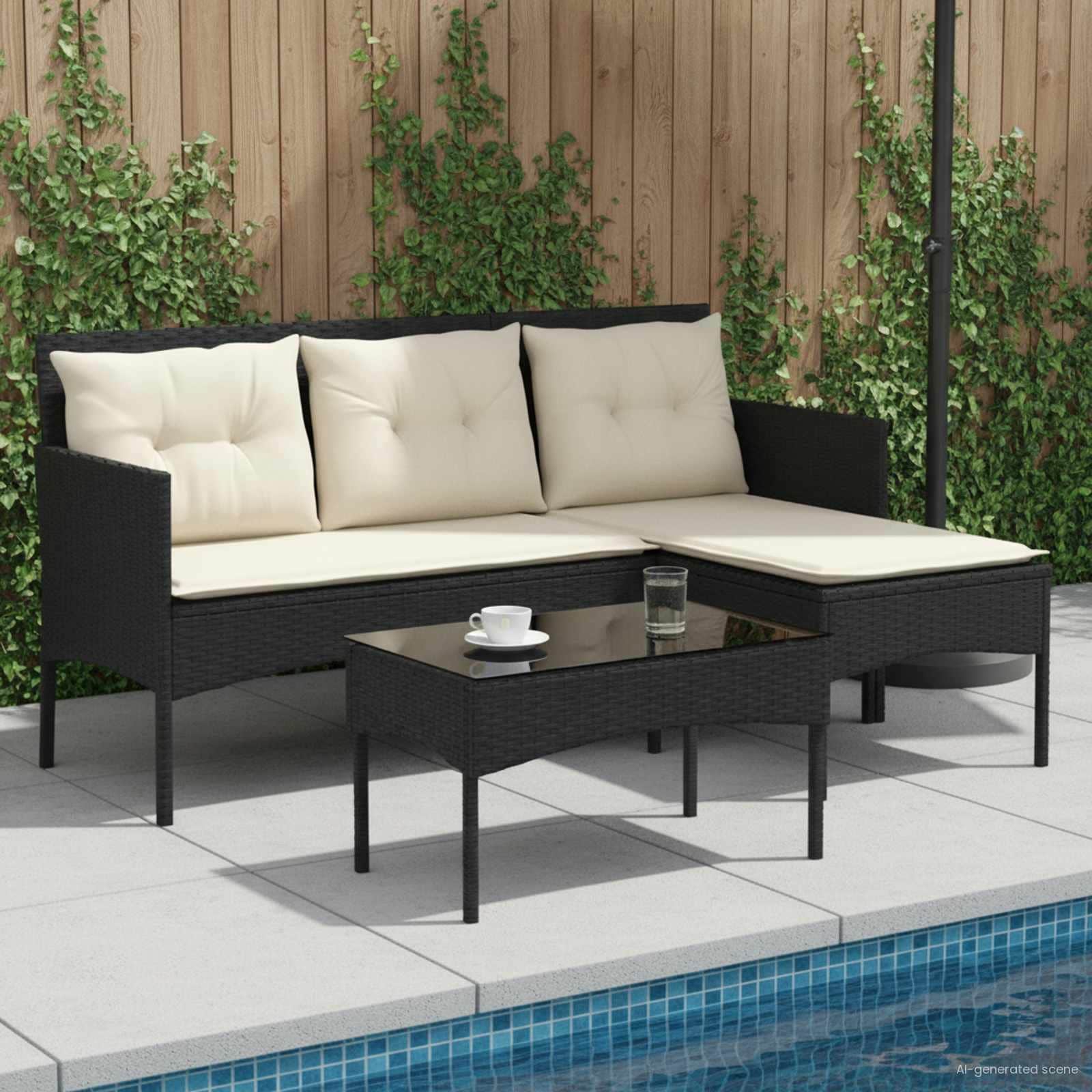 Vidaxl Garden Sofa Set With Cushion 2 Pcs Black And Cream Poly Rattan 27.56 X 15.75 X 16.14 In