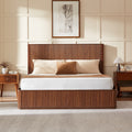 Wave Pattern Wood Grain Headboard Platform Bed Frame 44Inch High Headboard Large Bed Frame Easy Assembly No Need For Box Springs