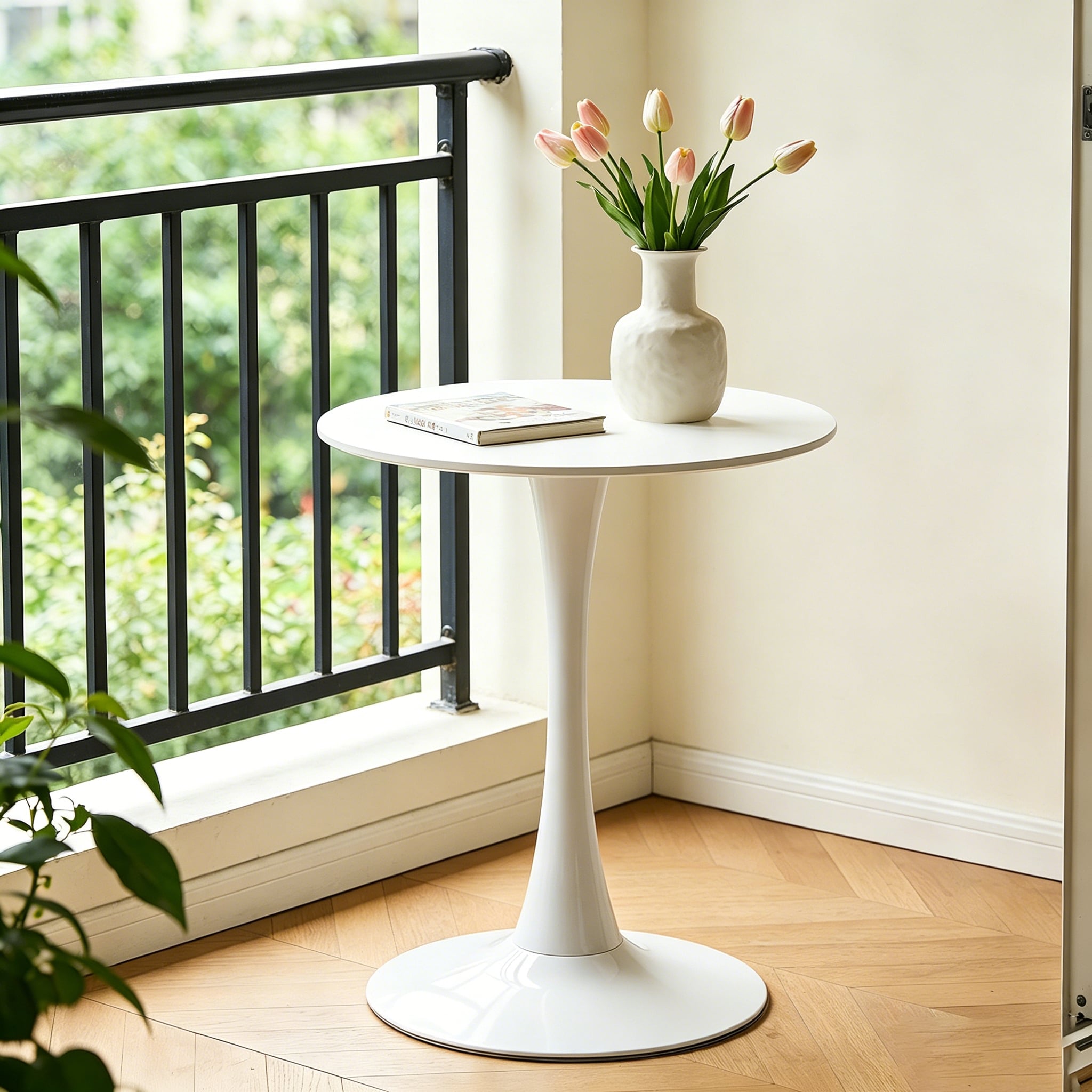 White Round Dining Table With An Elegant Tulip Shaped Steel Base And A 24 Inch Medium Density Fiberboard Tabletop